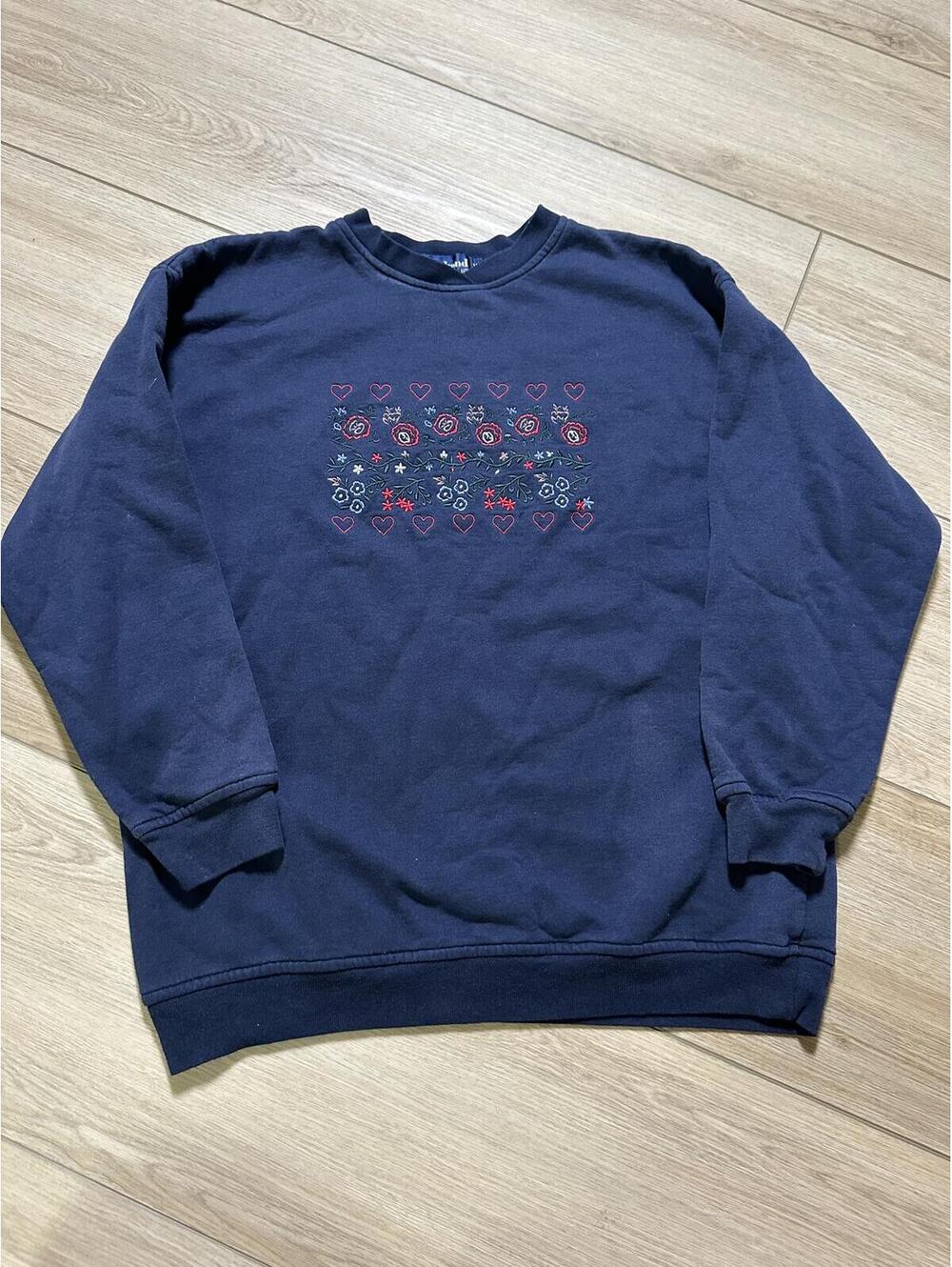 Weekend Edition Navy Embroidered Floral Heart Sweatshirt